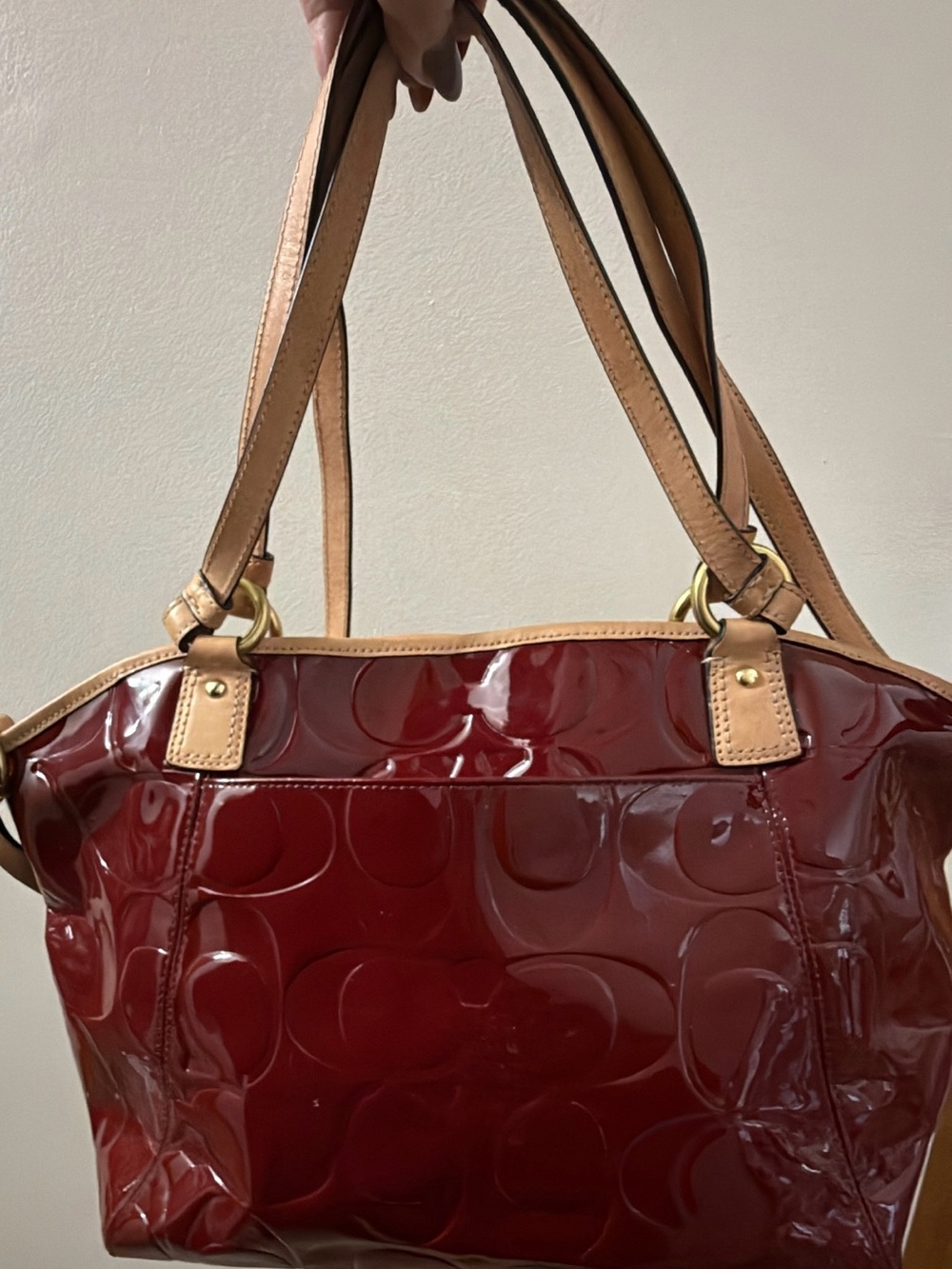 Coach Glossy Patent Tote in Burgundy with Tan Trim - Picture 2 of 2